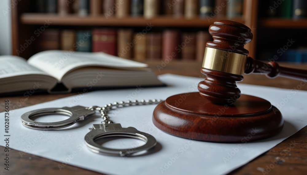 Office of Alabama Criminal Defense Attorney. Desk with handcuffs and gavel.